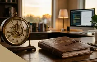 Uma sala de escritório com uma janela ao fundo com vista para uma area natural, uma mensa de escritório de madeira com uma relógio de mesa e um caderno com capa de couro ao lado direito e ao fundo da imagem a tela de um computador ligada.
