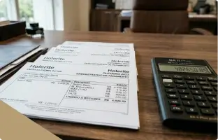 Documento de Holerite em cima de uma mesa de madeira com uma calculadora ao lado direito