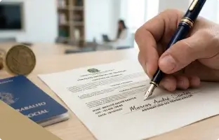 Imagem de um documento sendo assinado em cima de uma mesa com uma carteira de trabalho ao lado esquerdo